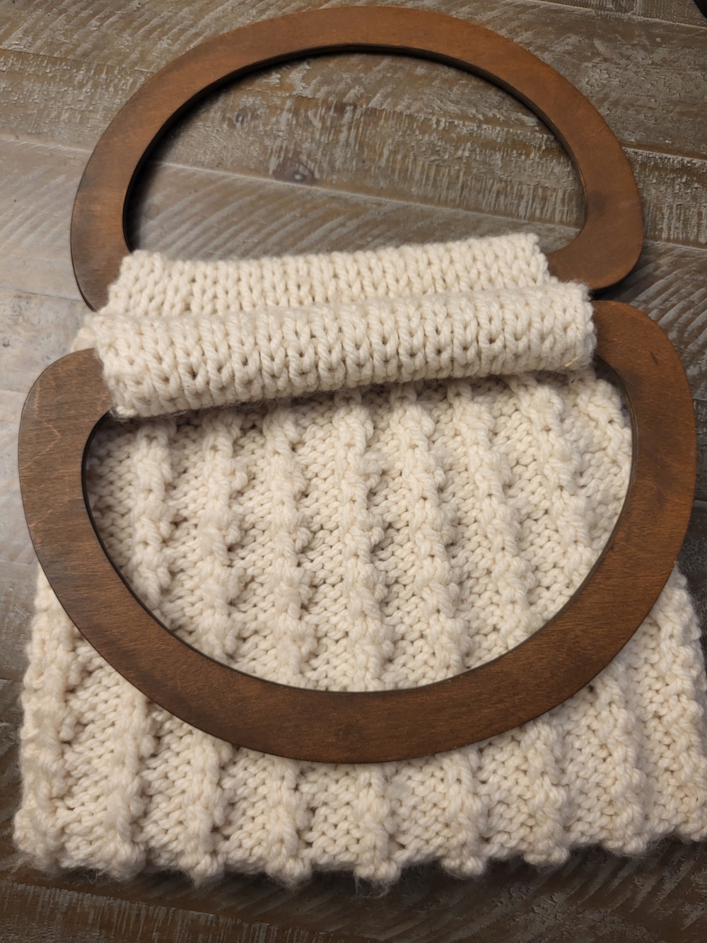Hand-Knit Cream Cable Knit Tote with Wooden Handles